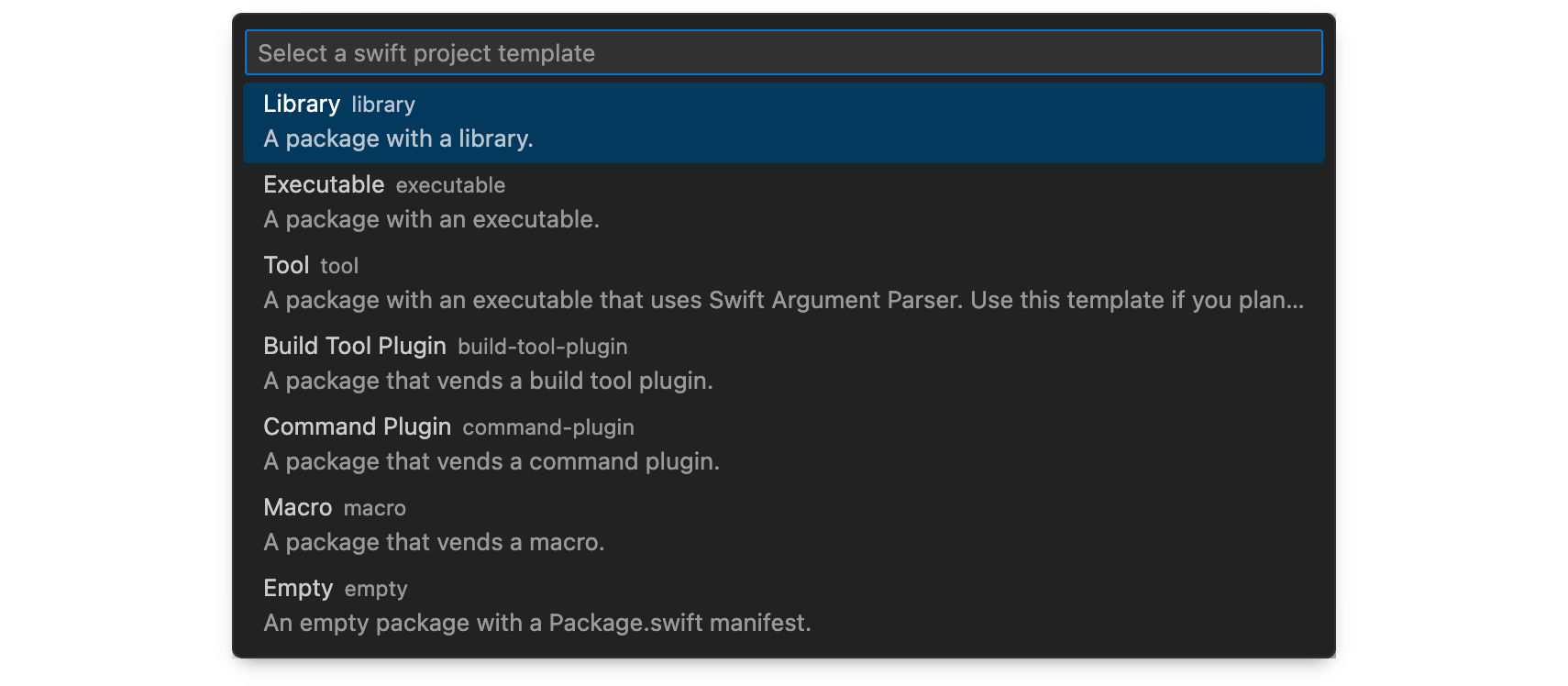Create New Project command showing available project templates