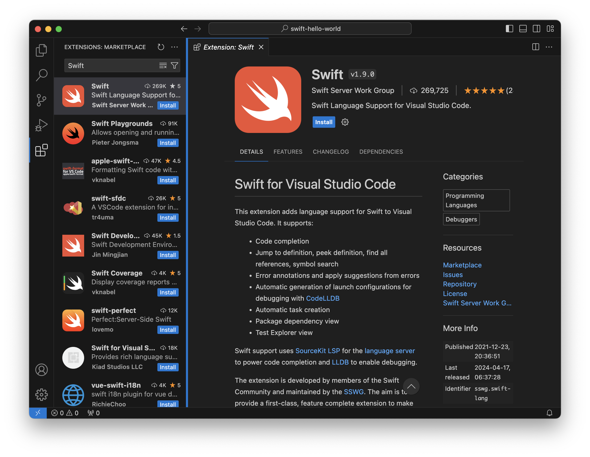 Installing the vscode-swift extension from the extensions pane