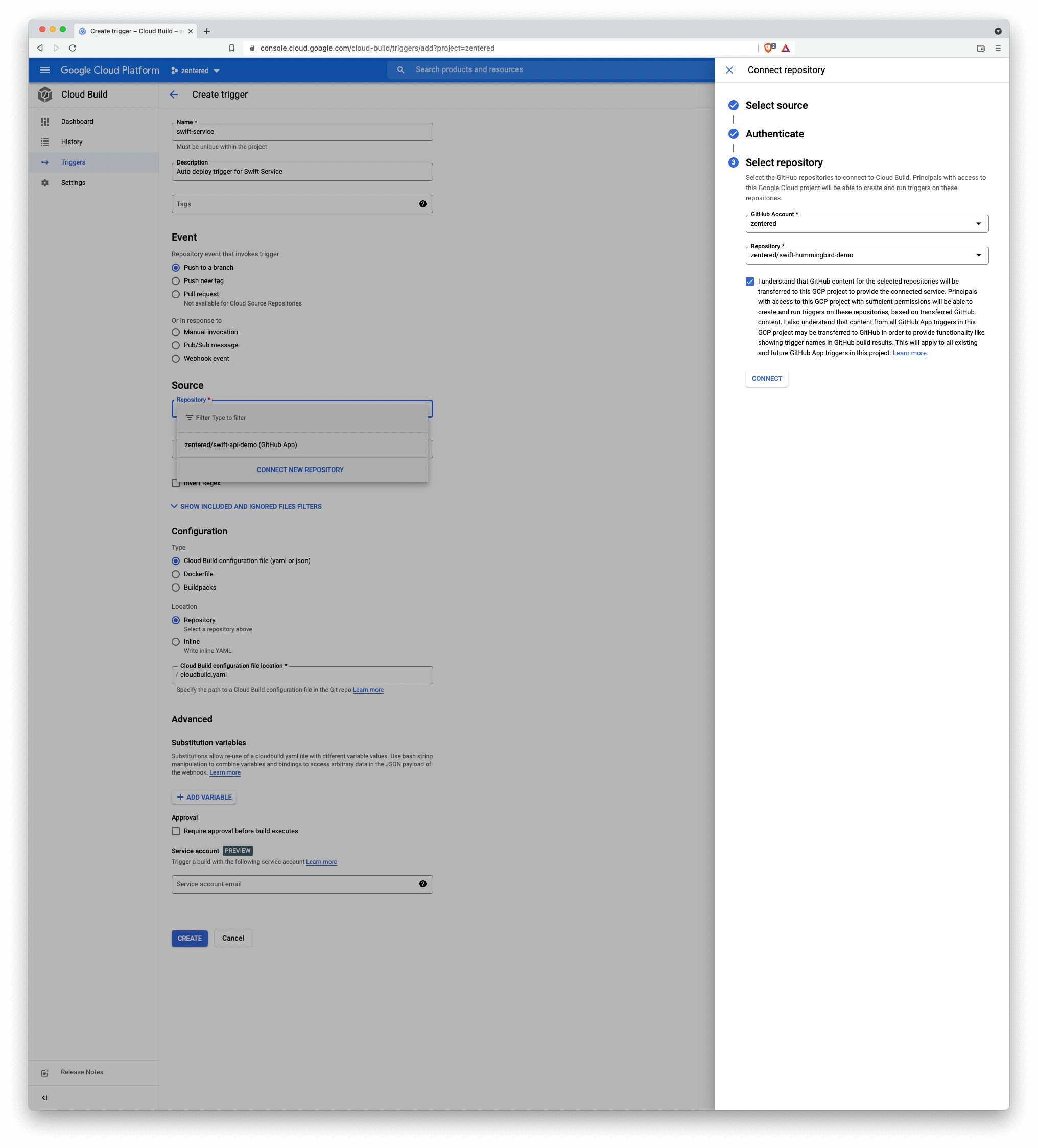 cloud build trigger settings and how to connect a code repository